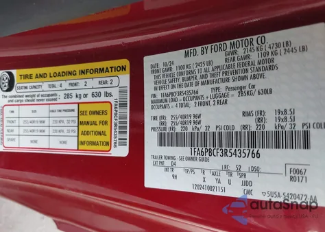 2024 Ford Mustang Gt Premium Fastback z USA, uszkodzony, nr VIN 1FA6P8CF3R5435766